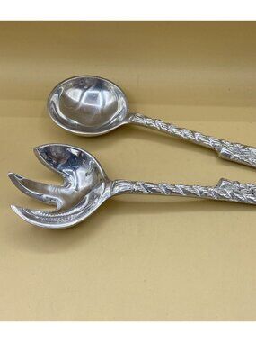 Vintage Salad Server Set Cast Aluminum Fork Spoon Twist Rope Handle Mexico 11”